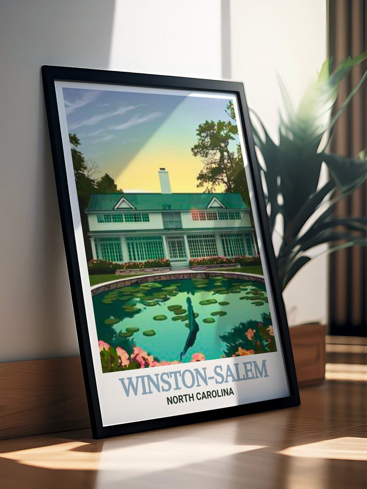 Winston Salem city print showcasing Reynolda House Museum of American Art. The vibrant illustration and detailed craftsmanship make this print a standout piece for cultural themed decor. Ideal for enhancing your living space with a touch of city history.