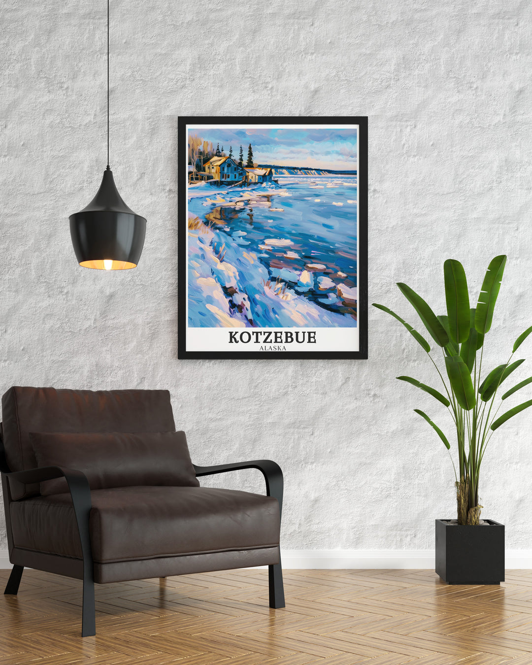 A vibrant poster of Kotzebue Alaska showcasing the towns unique location on the Baldwin Peninsula offering a glimpse into the rich cultural history and stunning Arctic landscapes that define this remote region making it an excellent addition to any Alaskan art collection