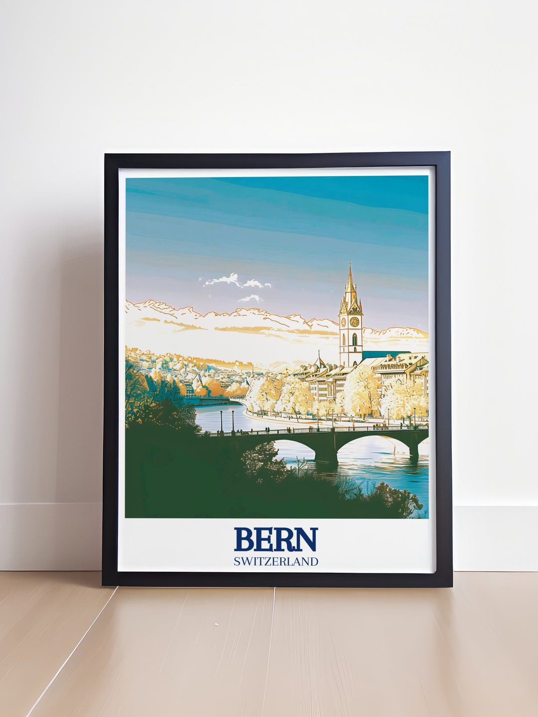 This Aare River travel poster features the tranquil waters of Berns famous river, weaving through the citys medieval architecture. Ideal for nature lovers and travelers alike, this canvas art offers a calming and scenic view of Switzerlands beautiful capital.