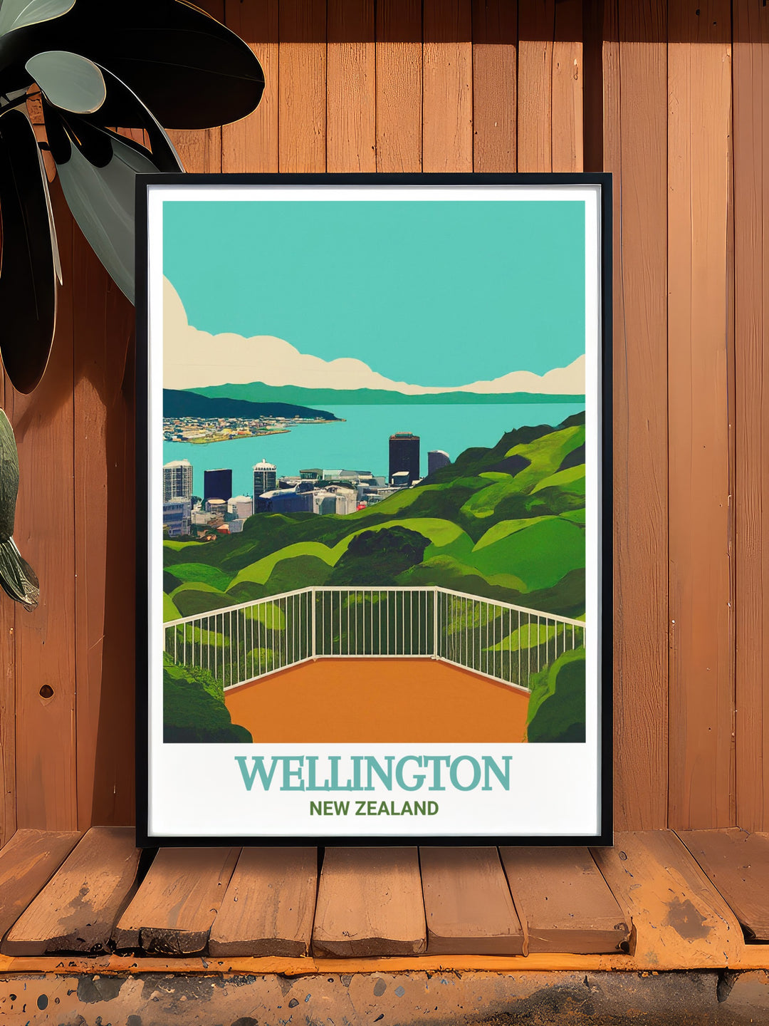 Wellington travel print showcasing the bustling cityscape of New Zealands capital, featuring modern architecture and surrounding green hills. This artwork is perfect for lovers of New Zealand travel and Wellington décor, offering a vibrant depiction of the citys beauty.