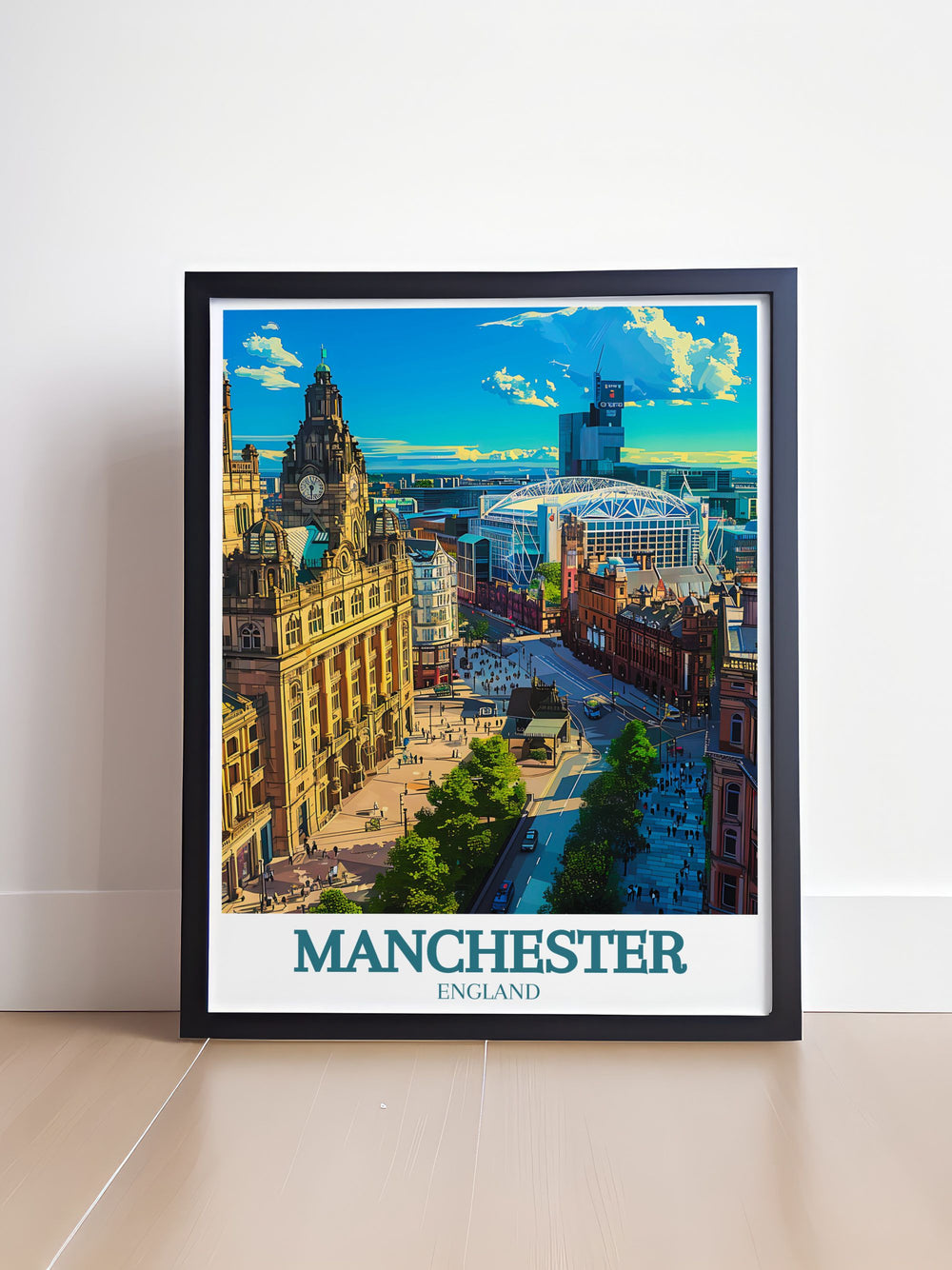 Retro travel poster featuring Manchester town hall and Old Trafford stadium ideal for enhancing home decor with a touch of historical and sporting significance a perfect addition for those who appreciate Manchesters rich heritage.