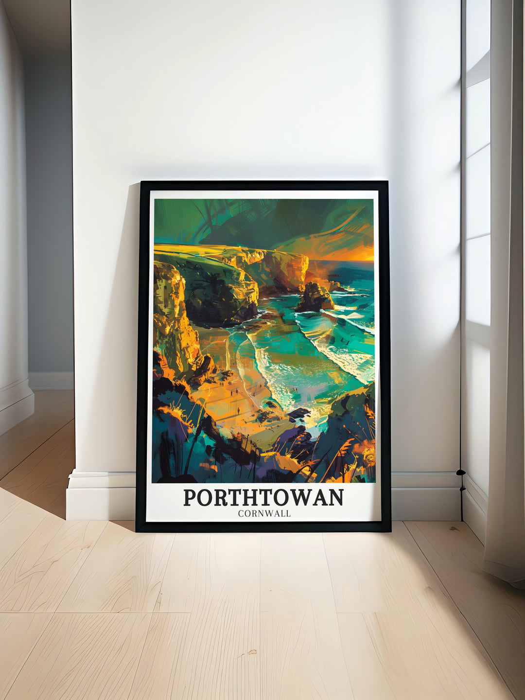 Detailed Porthtowan Beach print featuring the sandy shores and the ever changing moods of the North Sea in Cornwall. This artwork beautifully showcases the blend of adventure and tranquility that defines this coastal region, ideal for Cornwall wall art lovers