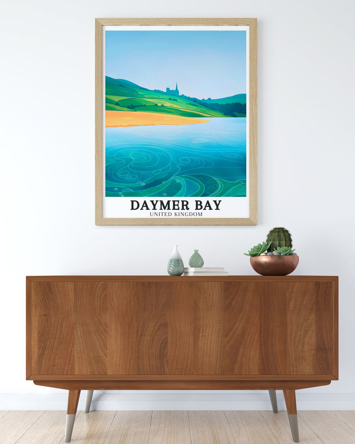 The gentle waves of Daymer Bay and the soft sands of Daymer Beach are showcased in this travel poster, capturing the peaceful ambiance of Cornwalls coastline. Ideal for bringing a piece of coastal tranquility into your home decor.