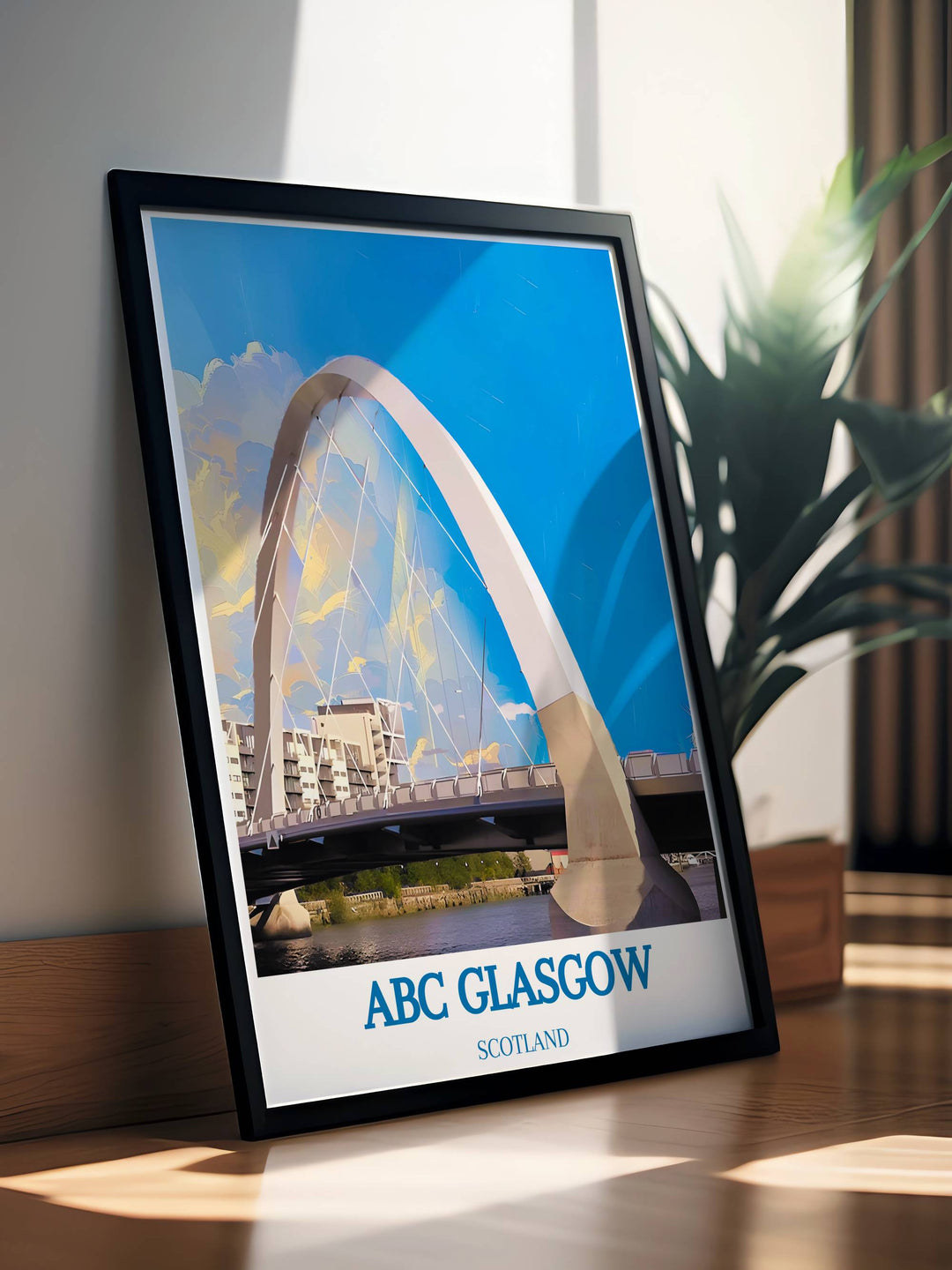 The Clyde Arc print capturing the iconic bridges modern aesthetics along with Glasgows cultural landmarks such as ABC Glasgow.