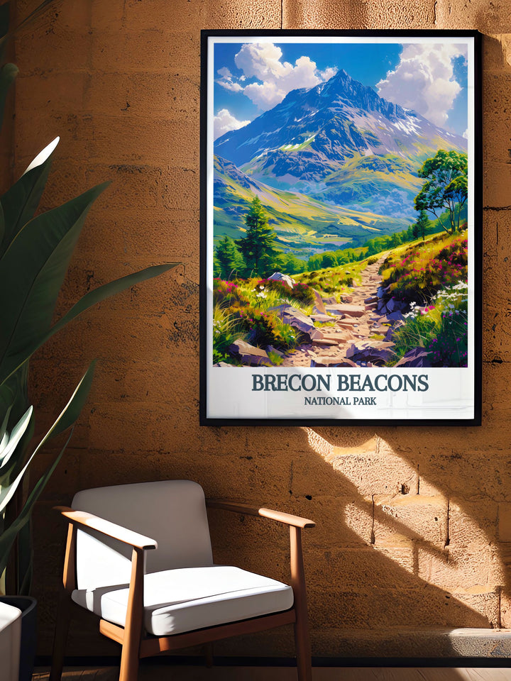 Brecon Beacons National Park print featuring a beautiful vintage design of Pen Y Fan and Corn Du. The artwork brings a piece of Welsh nature into your home with a touch of nostalgia