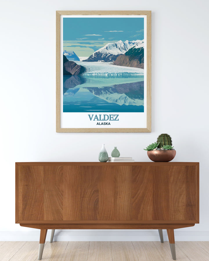 Celebrate the rugged beauty of Valdez and the Columbia Glacier with this Alaska wall print. The artwork captures the serene blues and stunning natural landscapes, making it an ideal gift for anyone who loves adventure and the outdoors.