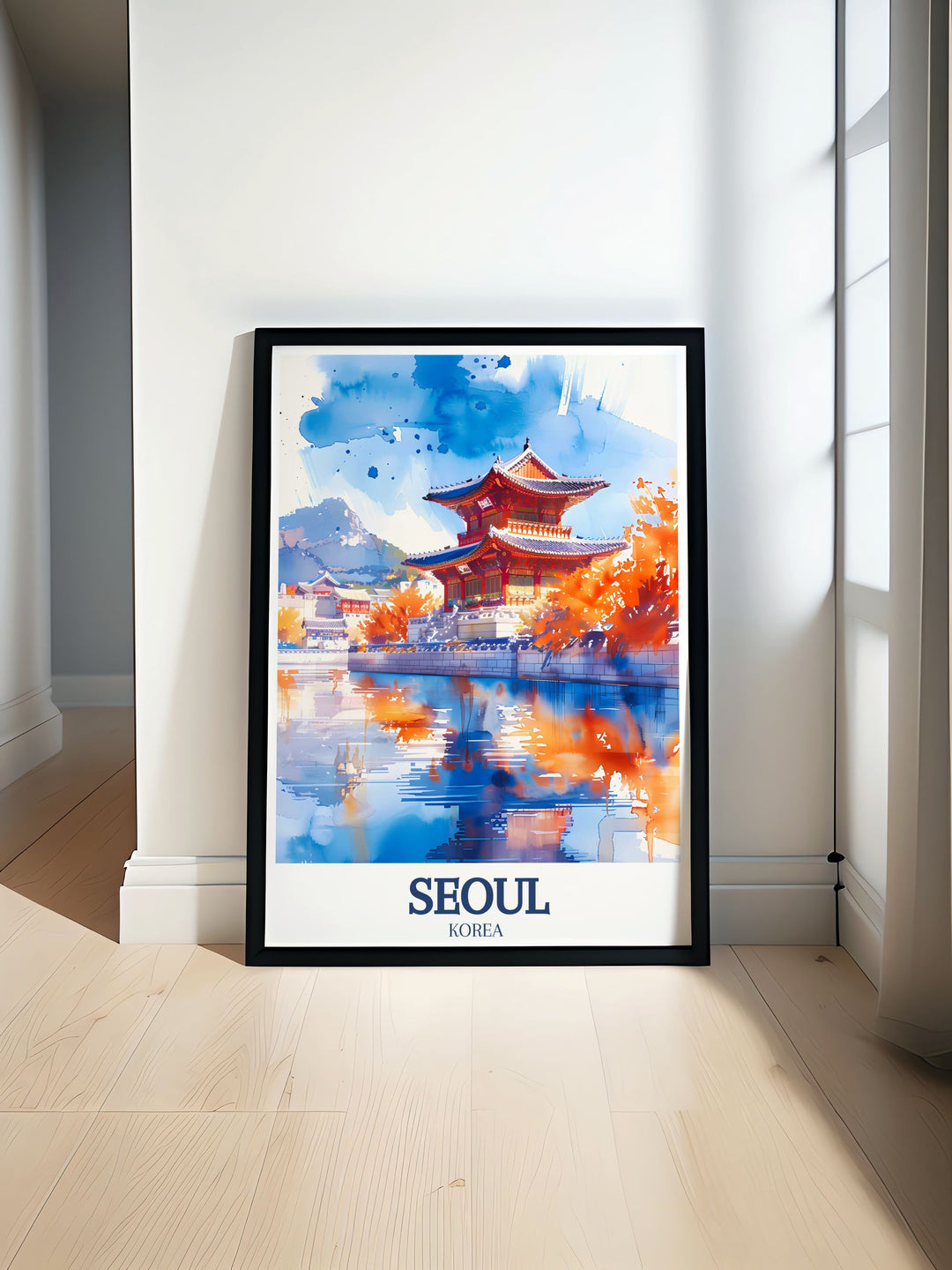 Beautiful Seoul Poster featuring Gyeongbokgung Palace and Han River perfect for home decor capturing the cultural richness and natural beauty of South Korea an ideal gift for travelers or anyone who appreciates fine art and elegant wall decor