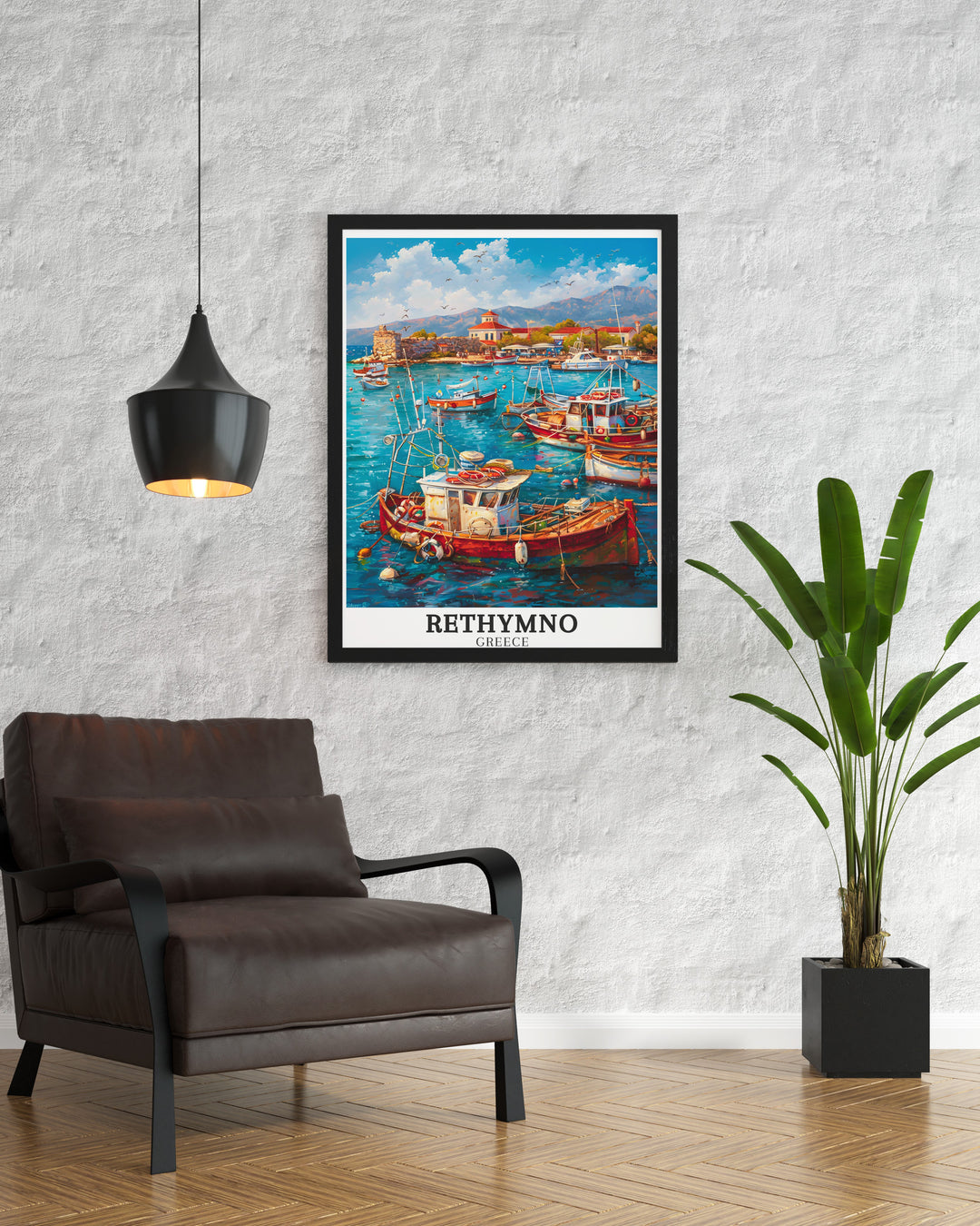 Greece Island Print of Rethymno Harbour Crete offers a stunning piece of wall art that brings a touch of Greek culture and travel inspired decor into your space ideal for creating a serene and stylish atmosphere with its vivid colors and elegant design