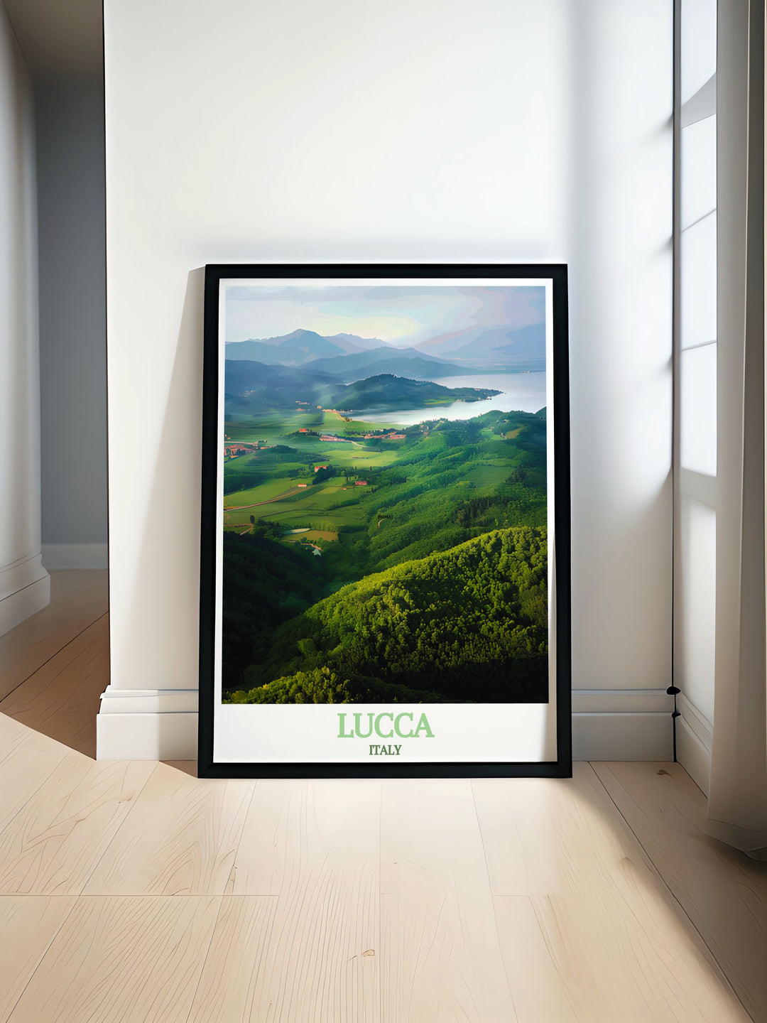 Lucca Wall Art showcasing vibrant city streets combined with the stunning views of Lago di Massaciuccoli perfect for brightening up any living room or office space with elegant decor and modern art