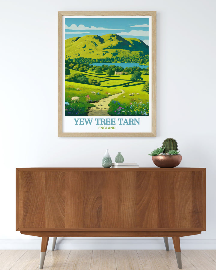 Yew Tree Tarn Cumbria poster featuring the stunning reflections and lush surroundings of this iconic location, with Loughrigg Fell adding a dramatic backdrop. Ideal for enhancing your space with the tranquil beauty of the Lake District.