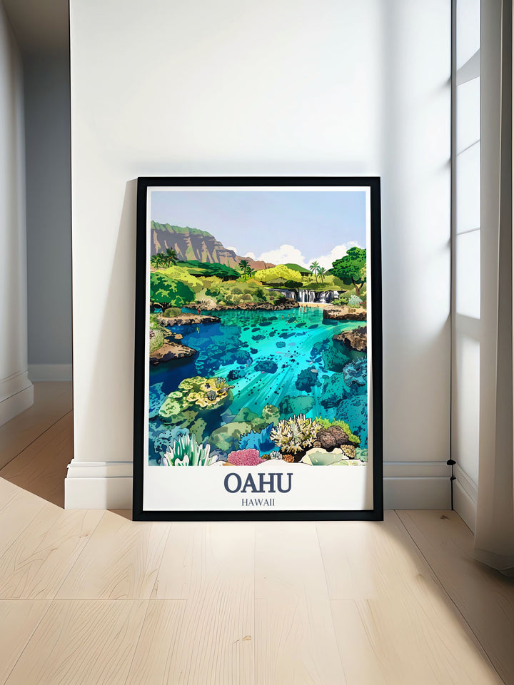 A captivating travel poster featuring the iconic Hanauma Bay and Manoa Falls of Oahu. This high quality print is perfect for anyone who dreams of Hawaii or has fond memories of visiting the island.