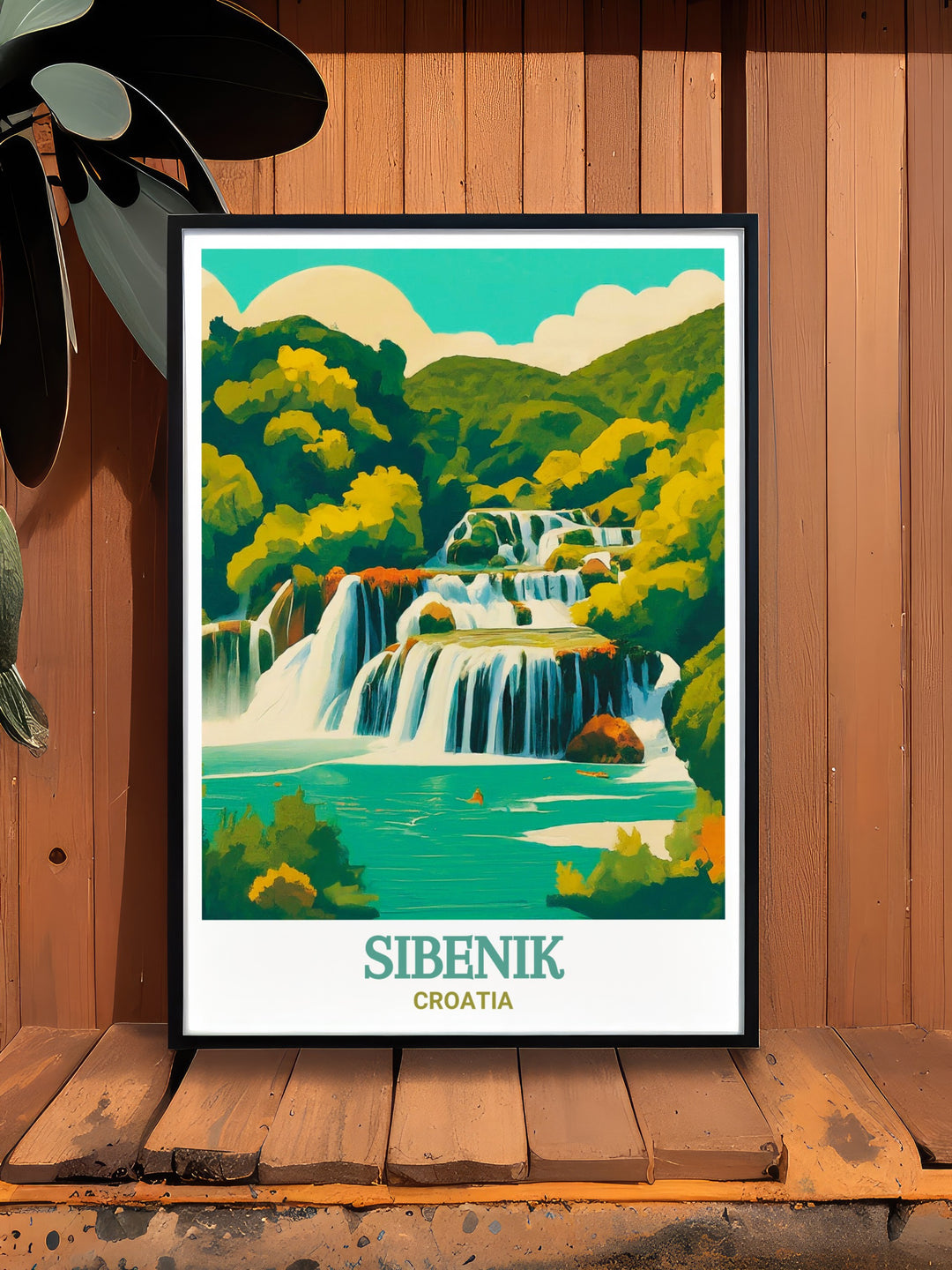 Travel poster highlighting the picturesque town of Sibenik and the serene beauty of Krka National Parks waterfalls in Croatia. This print offers a glimpse into the enchanting landscapes and historical treasures of Croatia, perfect for travel enthusiasts and nature lovers.