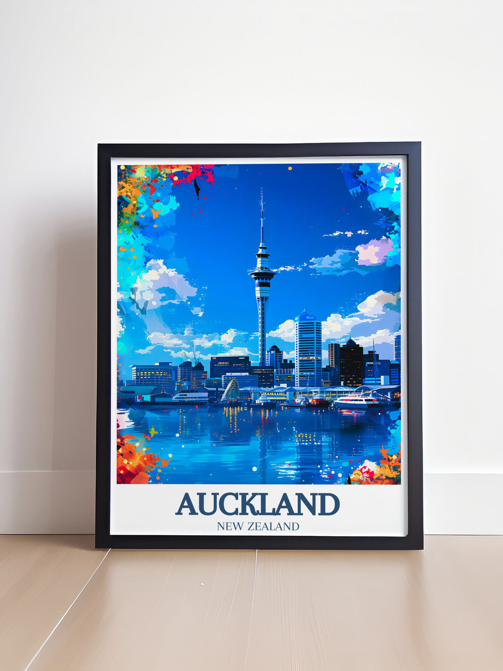 Beautiful New Zealand print showcasing Aucklands skyline and Waitematā Harbour, highlighting the citys blend of natural and urban landscapes. Ideal for adding a touch of New Zealands picturesque scenery to your living space or as a thoughtful gift.