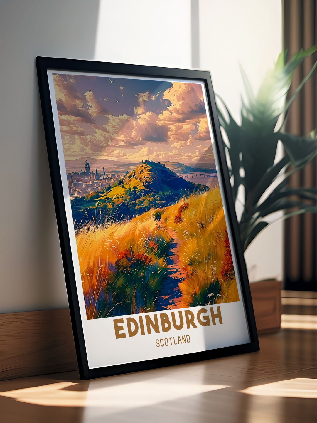A detailed print of Edinburgh showcasing the panoramic views from Arthurs Seat, highlighting the historic and natural beauty of Scotlands capital.