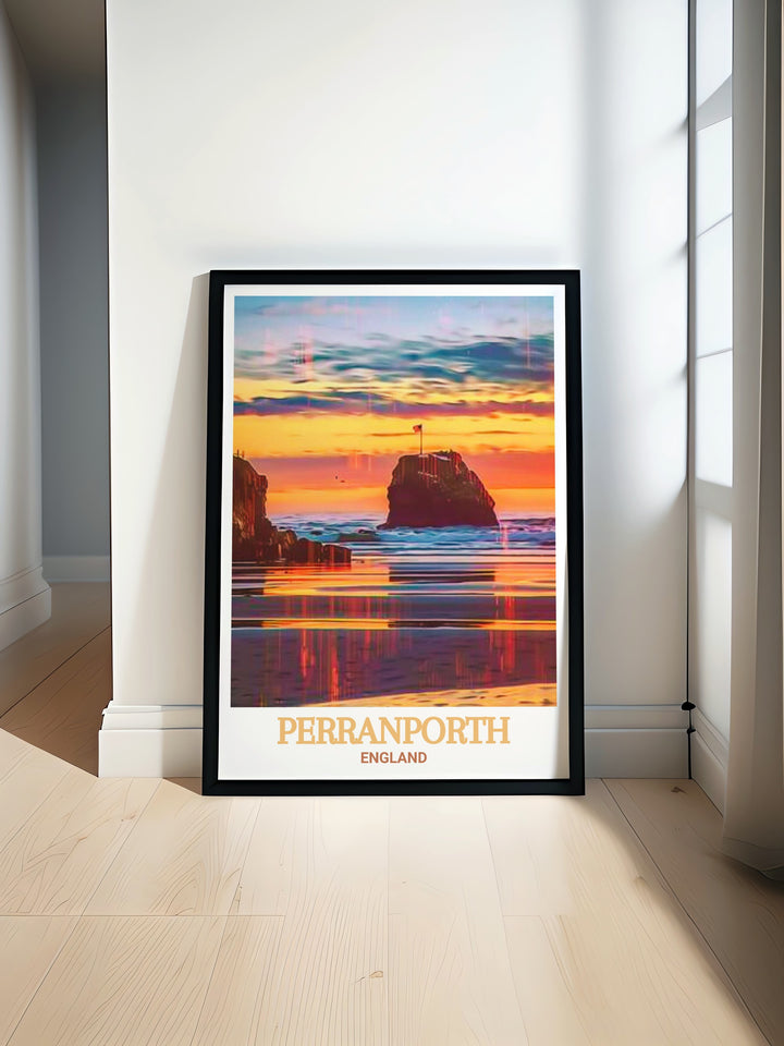 Scenic wall art of Chapel Rock, featuring vibrant colors and detailed coastal landscapes of Perranporth in England. An exquisite addition to any decor. This print brings the tranquil beauty of the English coast into your home, providing a constant reminder of its natural charm.