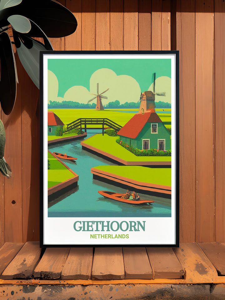 Netherlands wall art featuring Giethoorn, a village known for its beautiful canals and tranquil ambiance. This print brings the serene beauty of the Netherlands into your home, perfect for creating a relaxing and picturesque atmosphere in any room.