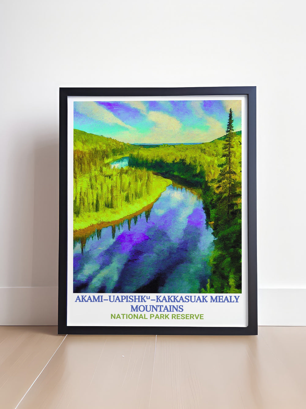 Eagle River flows gracefully through the heart of Newfoundlands wilderness. This travel poster showcases the peaceful flow of the river, surrounded by the awe inspiring Mealy Mountains. Ideal for nature enthusiasts.