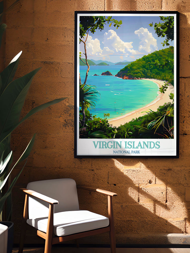 Stunning living room decor featuring a framed print of Trunk Bay with vibrant colors and intricate details capturing the essence of the Virgin Islands