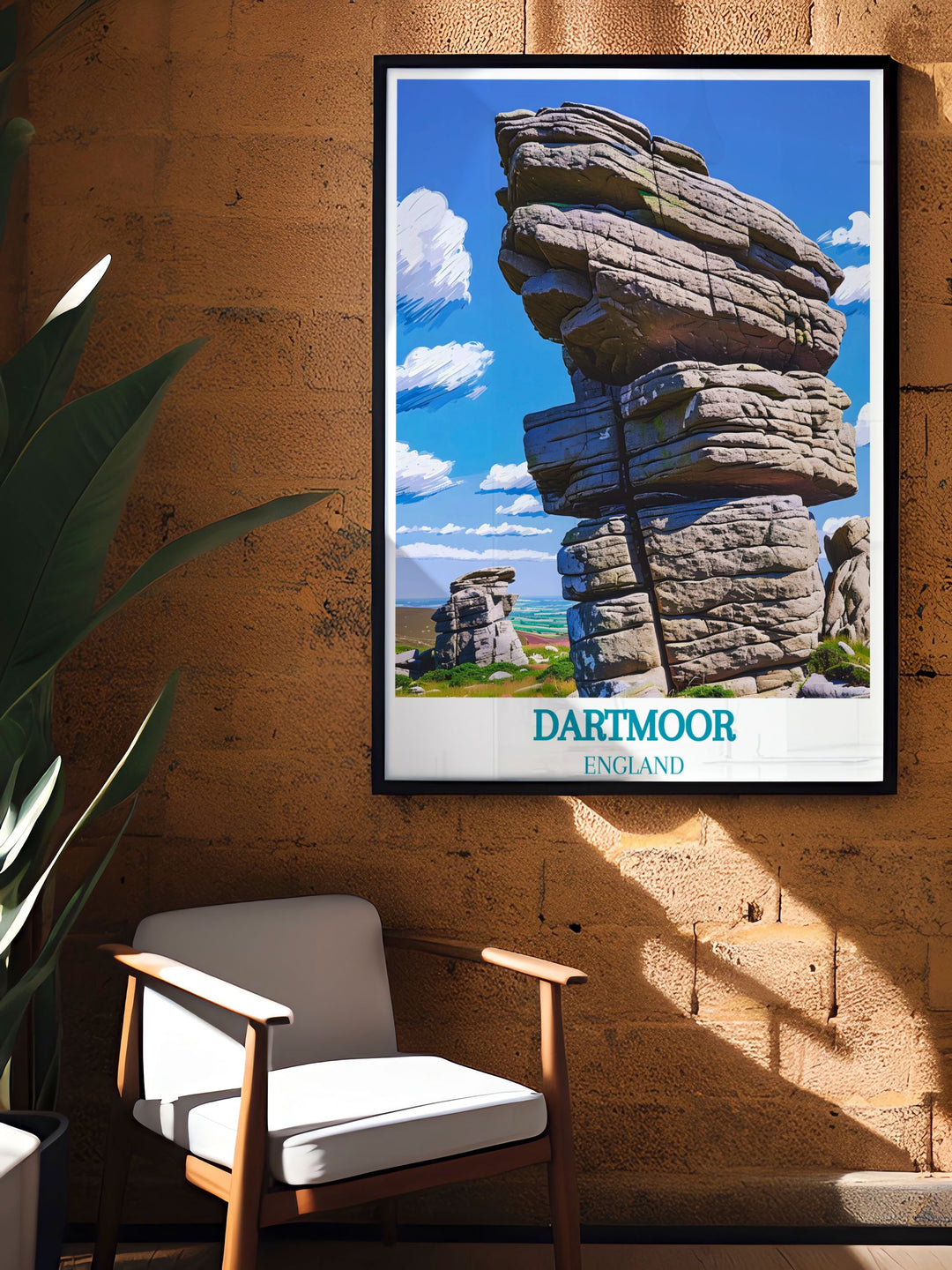 Travel poster featuring the iconic tors of Dartmoor, highlighting their majestic beauty and panoramic views over Devons landscape.