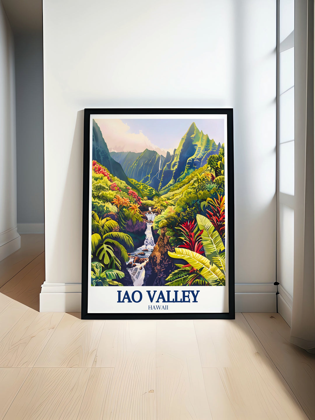 Our Iao Valley wall art brings the dramatic scenery of Mauis famous Iao Needle and Iao Stream into your home. The vibrant colors and serene landscape make this travel poster a must have for nature enthusiasts and anyone looking to bring a piece of Hawaii into their decor.