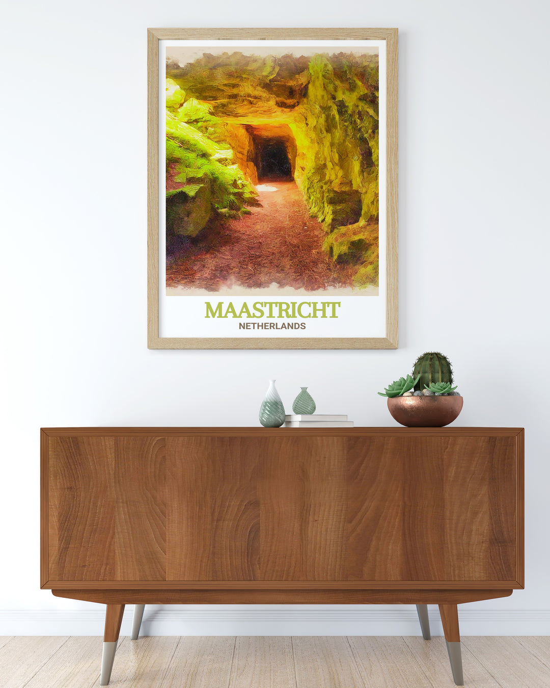 Netherlands Framed Art featuring the St. Pietersberg Caves in Maastricht. This Netherlands Print is a stunning representation of the caves historical significance, making it an ideal addition to any home decor. Whether as a gift or a personal keepsake, this print is sure to be a cherished piece for years to come