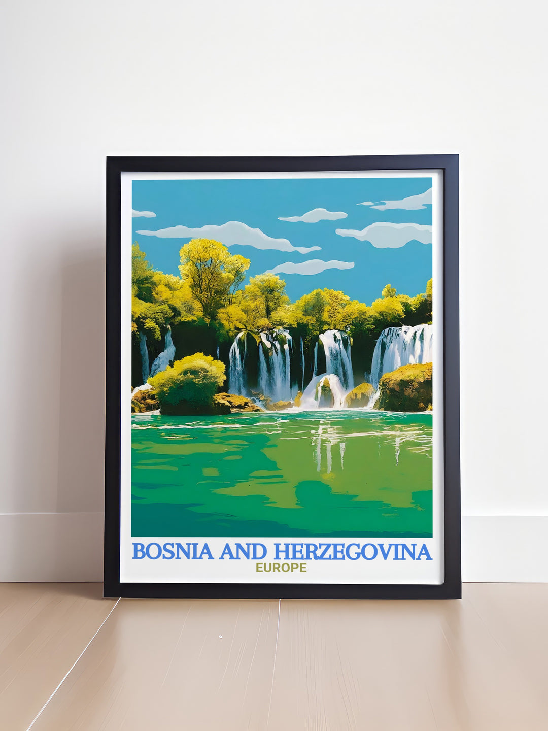 This Bosnia and Herzegovina poster print beautifully captures the cascading Kravica Waterfalls, a natural wonder known for its vibrant colors and lush surroundings. The detailed depiction of the waterfalls dynamic flow makes this travel print an ideal piece of decor for nature lovers.