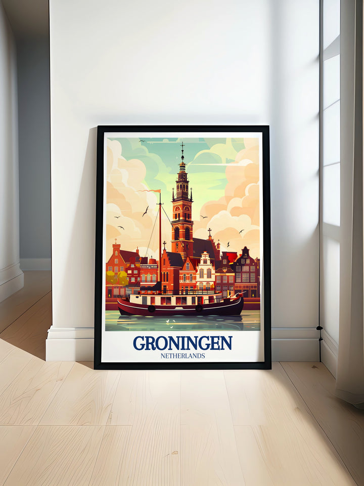 Groningen travel poster capturing the serene beauty of the Groningen canal and the historic Aa Church. This artwork reflects the charm of Groningens architecture and tranquil waterways, bringing the essence of this Dutch city into your home, ideal for those who appreciate European landscapes.