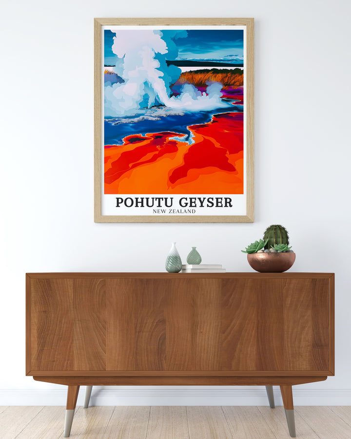 Pohutu Geyser erupts spectacularly in this poster, offering a window into the heart of Rotoruas geothermal activity. Perfect for nature lovers, this print brings together the awe of New Zealands natural forces and the cultural heritage of Te Puia, creating a stunning visual for your home or office.