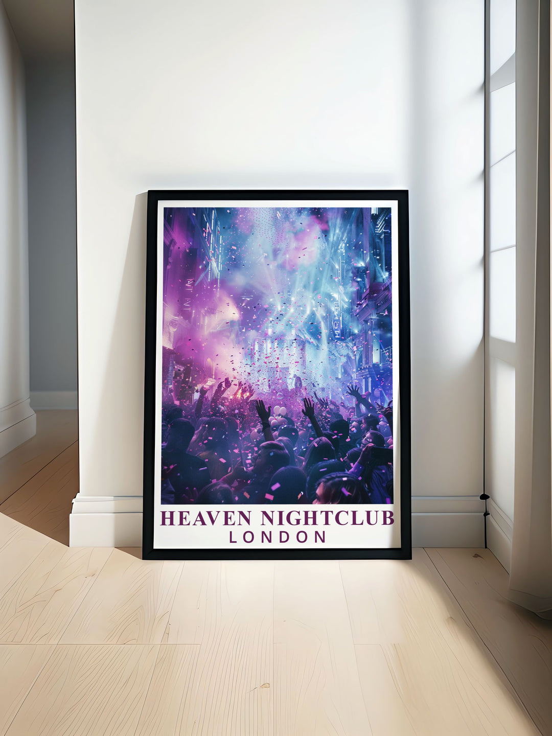 Highlighting the dynamic energy and historical significance of Heaven Nightclubs theme nights, this travel poster is perfect for adding a touch of Londons nightlife to your home.