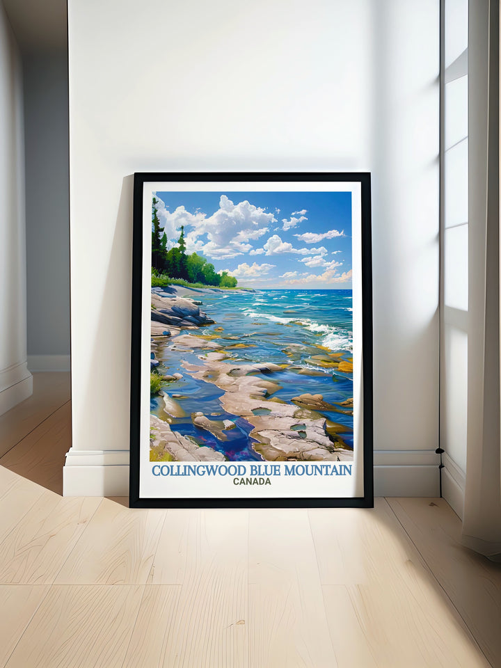 Collingwood Poster captures the majestic peaks of Blue Mountain alongside the unique shoreline of Craigleith Provincial Park. This travel print brings the adventure and serenity of Ontarios most beloved outdoor destinations into your home.