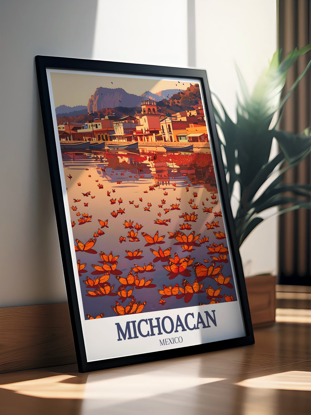 This vibrant Michoacán poster print captures the stunning Monarch Butterfly Biosphere Reserve and Patzcuaro Lake, showcasing the natural beauty and cultural richness of Mexico. With a vintage design and bold color palette, this canvas art is the perfect addition to any home or guest space décor.