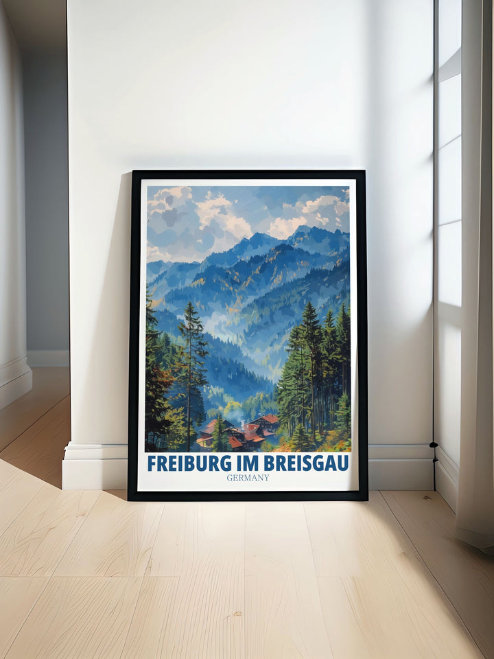 This Germany wall art features a beautiful view of Freiburg Im Breisgau with Black Forest scenery adding depth and nature to your home decor perfect for anyone who loves German architecture and natural landscapes.