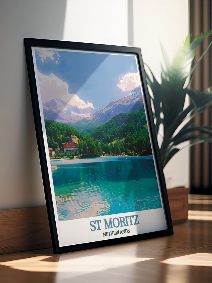 This poster of St Moritz and Lake St. Moritz celebrates the unique blend of luxury, adventure, and natural beauty that defines Switzerlands premier destinations.