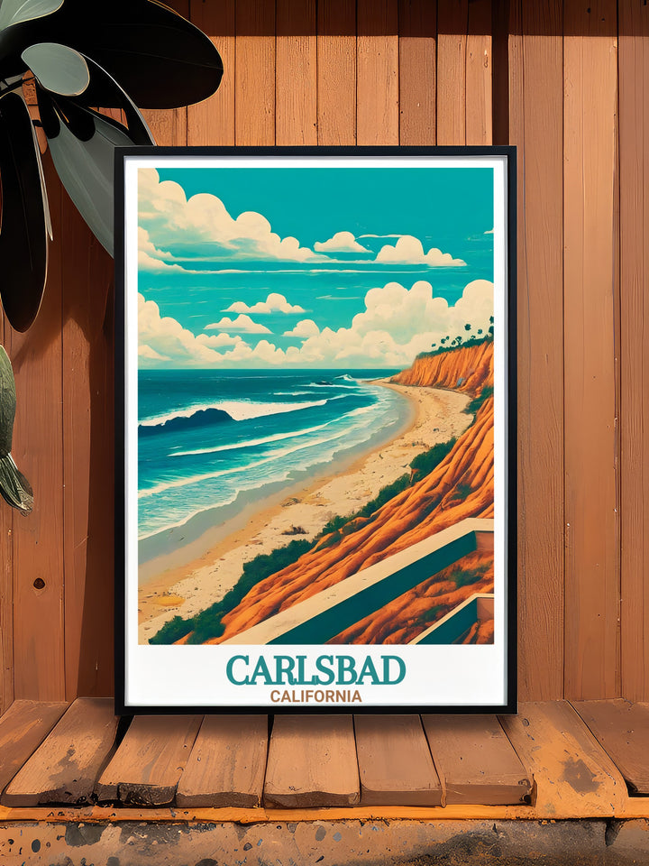 A colorful art print of Carlsbad State Beach in California, this wall poster brings the beauty of the coast into your living room or office. The vintage inspired design makes it a unique addition to any space, capturing the essence of Carlsbads laid back beach lifestyle.