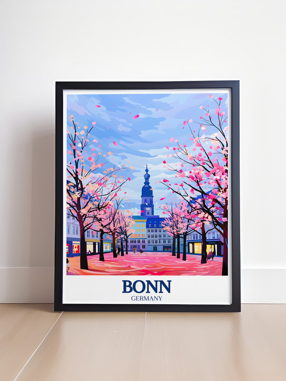 Discover the essence of Bonns cultural heart with this art print. Featuring the historic Old Town and the vibrant Blossom Street, this artwork encapsulates the unique charm of Bonn, making it an ideal piece for anyone who loves German history and architecture