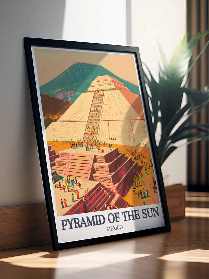 Teotihuacan, Quetzalcoatl Temple artwork showcasing the majestic Sun Pyramid bringing ancient Mexican history into your home with vivid colors and detailed designs perfect for enthusiasts of history and culture.