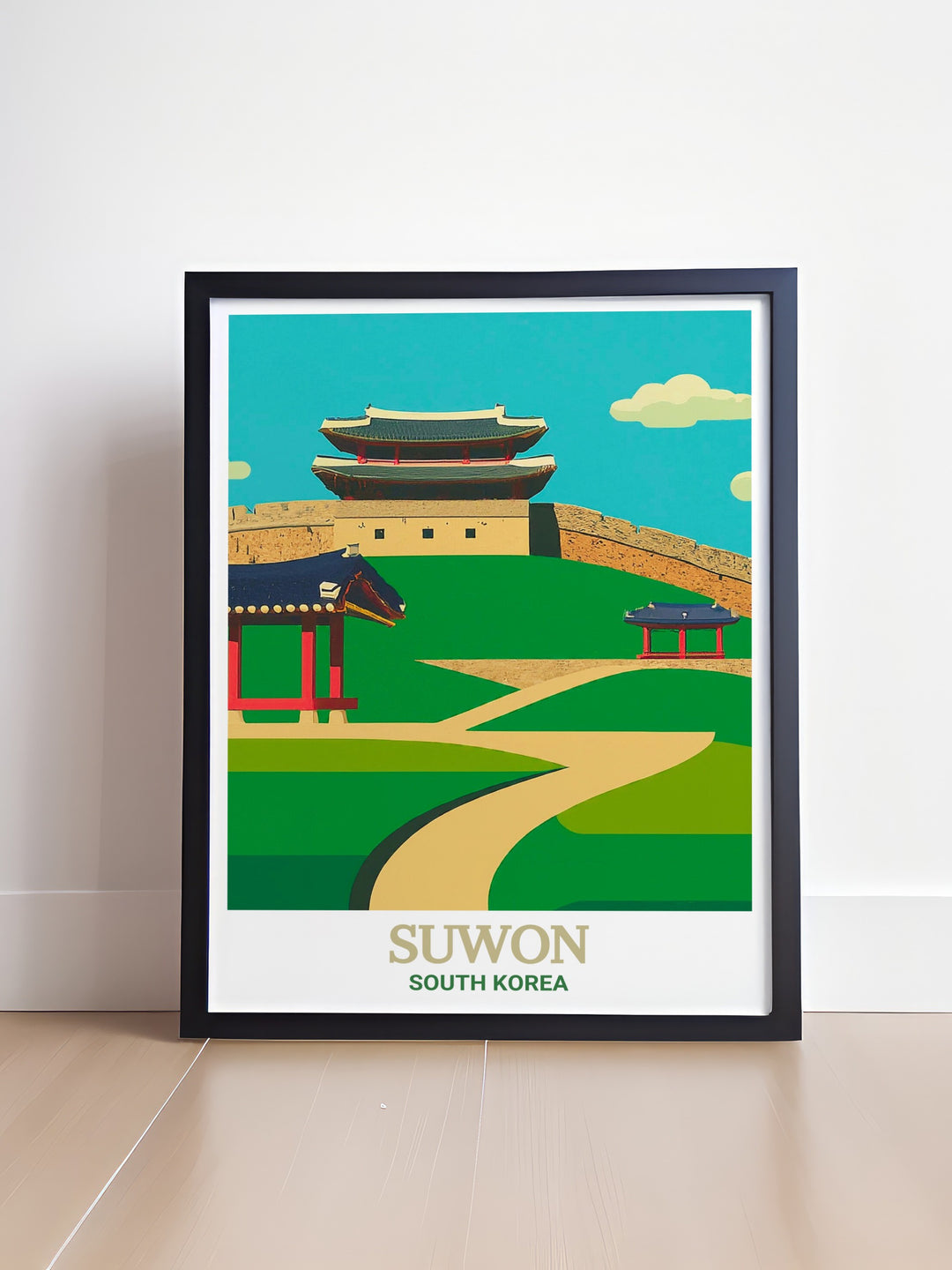 A stunning South Korea travel print depicting Suwons Hwaseong Fortress. This canvas art offers a unique and detailed view of the fortress, perfect for history buffs and anyone wanting to add a touch of Korean art to their home.