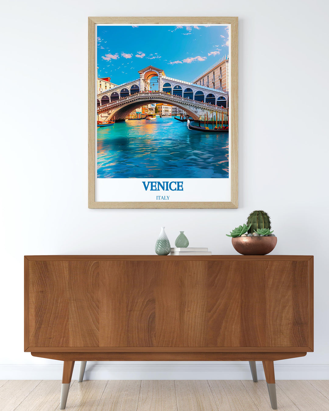 Venice Beach Print featuring bold colors and intricate details alongside a stunning Rialto Bridge illustration perfect for anyone seeking to add a touch of California charm and European sophistication to their wall art collection.