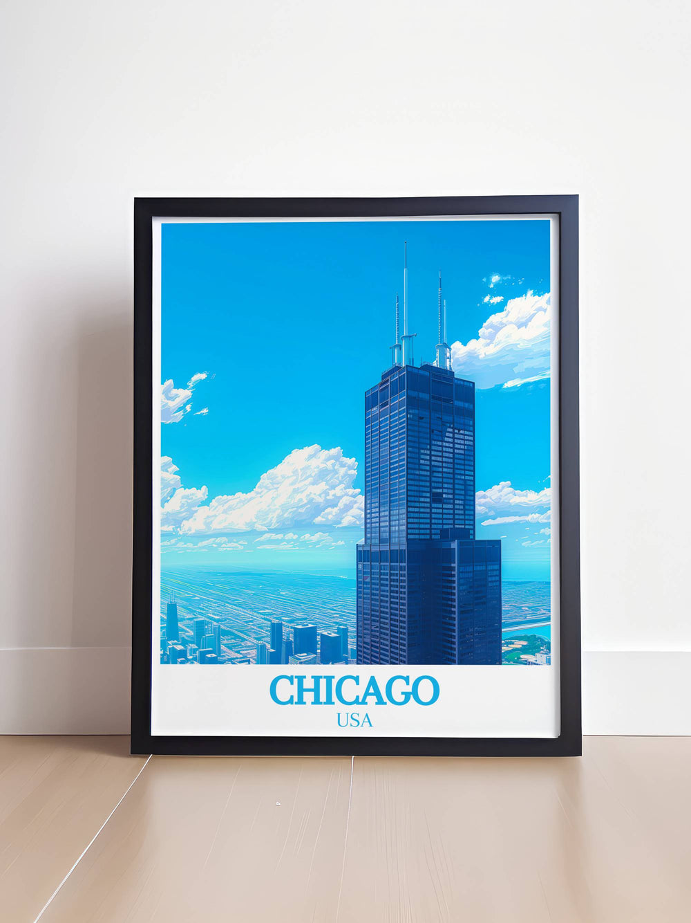 The Willis Tower wall art, formerly Sears Tower travel poster showcasing the majestic height and architectural elegance of Chicagos tallest building. This Chicago print adds a touch of sophistication to any room making it ideal for home or office decor.