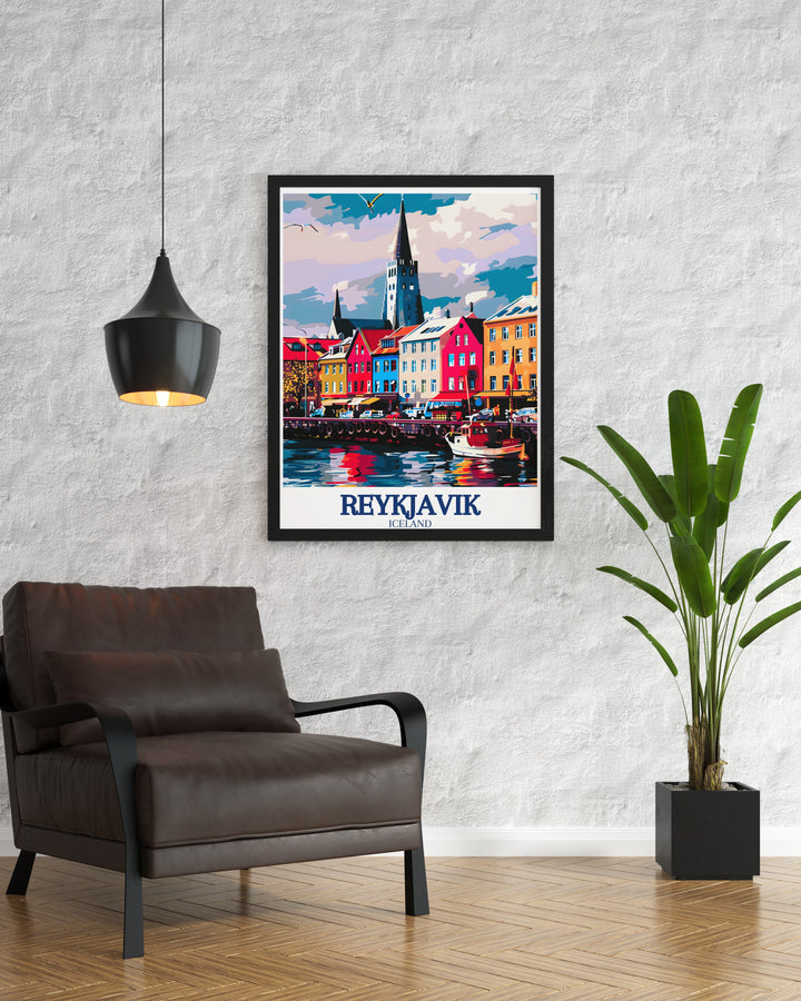 Reykjavik wall print featuring the dynamic and colorful atmosphere of Icelands capital, set against the backdrop of stunning natural scenery. This travel poster adds a vibrant Nordic touch to any room.