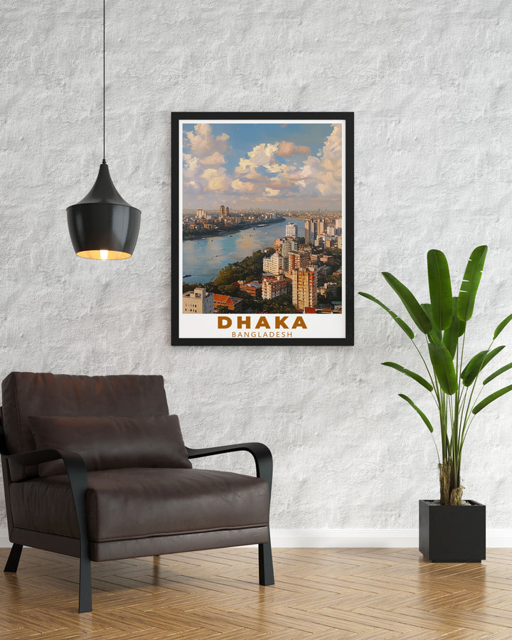 Vibrant Dhaka Wall Art depicting the lively atmosphere and cultural richness of the city. This Dhaka travel poster is a perfect addition to any room bringing a touch of elegance and adventure to your home decor.
