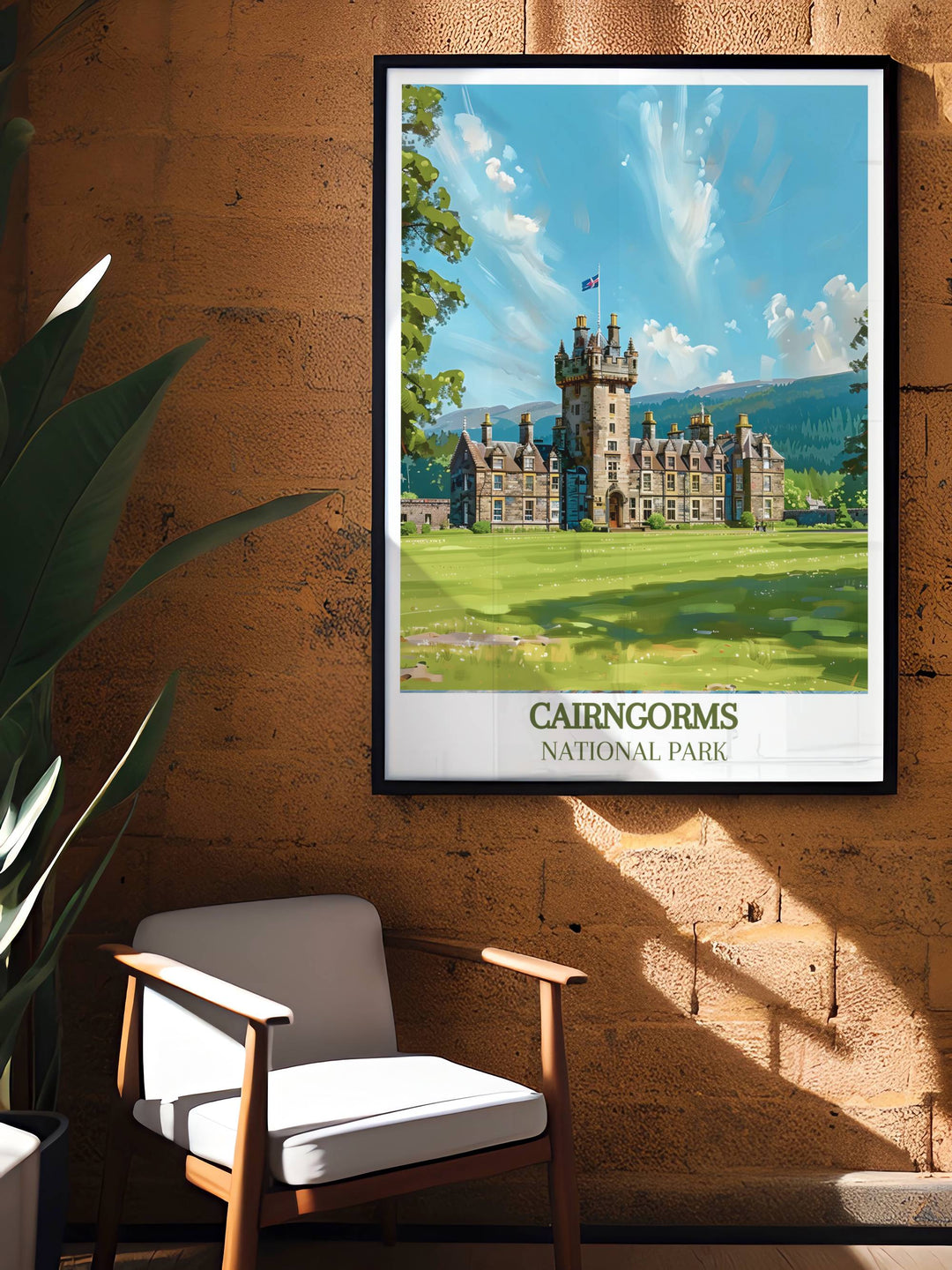 Framed Print of Balmoral Castle with the Cairngorms in the background. This Scotland print is a beautiful addition to any art collection, capturing the timeless beauty and elegance of the Highlands