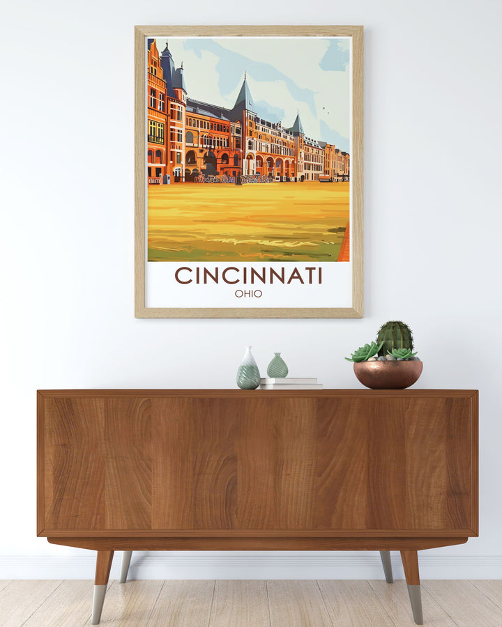 This Cincinnati Music Hall poster print features an intricate design of the historic landmark, perfect for anyone looking for a travel poster showcasing Cincinnatis architectural beauty. Ideal for home decor, this print captures the grandeur of the Music Hall against the citys skyline.