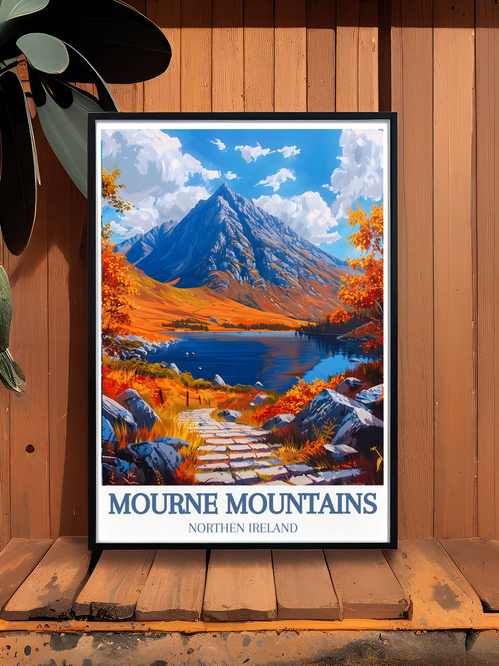 Highlighting the diverse landscapes of the Mourne Mountains, this poster offers a stunning visual representation of the regions natural beauty, perfect for your wall decor.