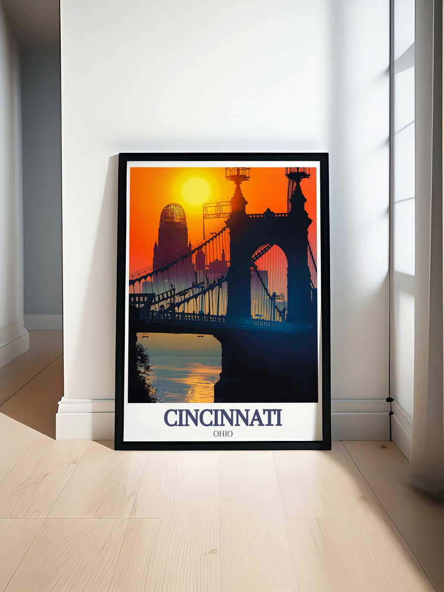 Cincinnati Art Print featuring Roebling Suspension Bridge and Great American Building showcasing the citys iconic architecture in black and white fine line detail perfect for modern home decor anniversary gifts birthday gifts or holiday gifts like Fathers Day and Mothers Day