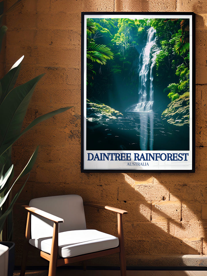 Spring Creek Falls Print showcases the flowing waters of the falls alongside the rich landscapes of the Daintree Rainforest and the expansive views of Mowbray Valley. This framed art is perfect for nature lovers who appreciate Australias diverse ecosystems.