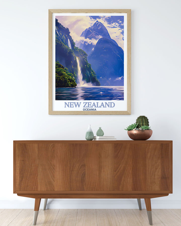 Elegant New Zealand print of Milford Sound and Akaroa Lighthouse ideal for wall art and home decor offering a stunning combination of modern art and vintage travel poster style great for creating a captivating gallery wall.