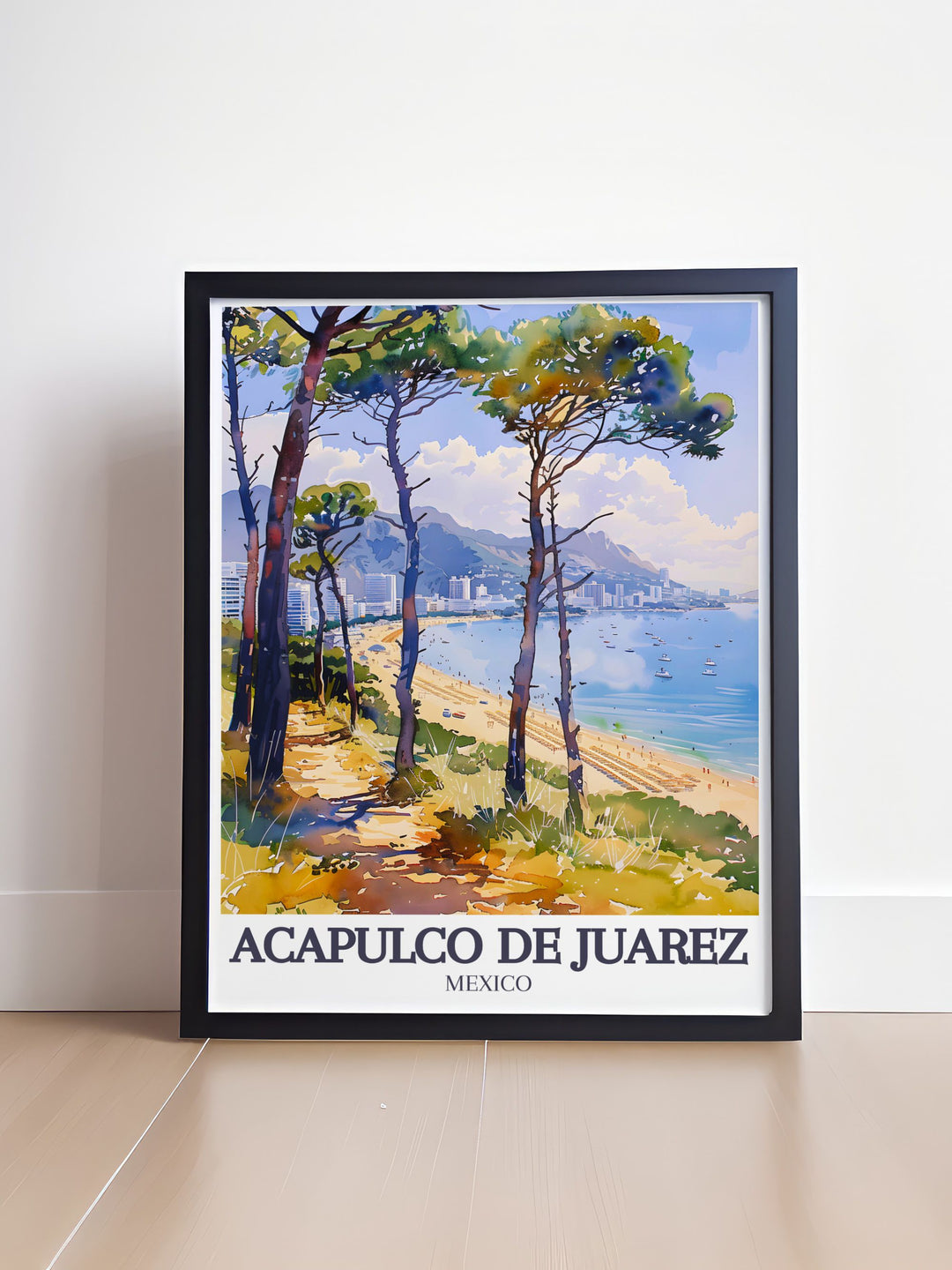 Acapulco Bays serene waters and stunning sunsets are beautifully illustrated in this poster, inviting viewers to explore the beauty of Acapulco de Juárez.