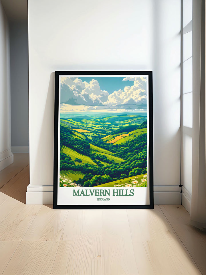 Malvern Hills Poster featuring Great Malvern Priory artwork showcasing the scenic beauty of the British countryside perfect for elegant home decor with vintage travel prints of Worcestershire and Gloucestershire that bring a touch of natural charm into your living space