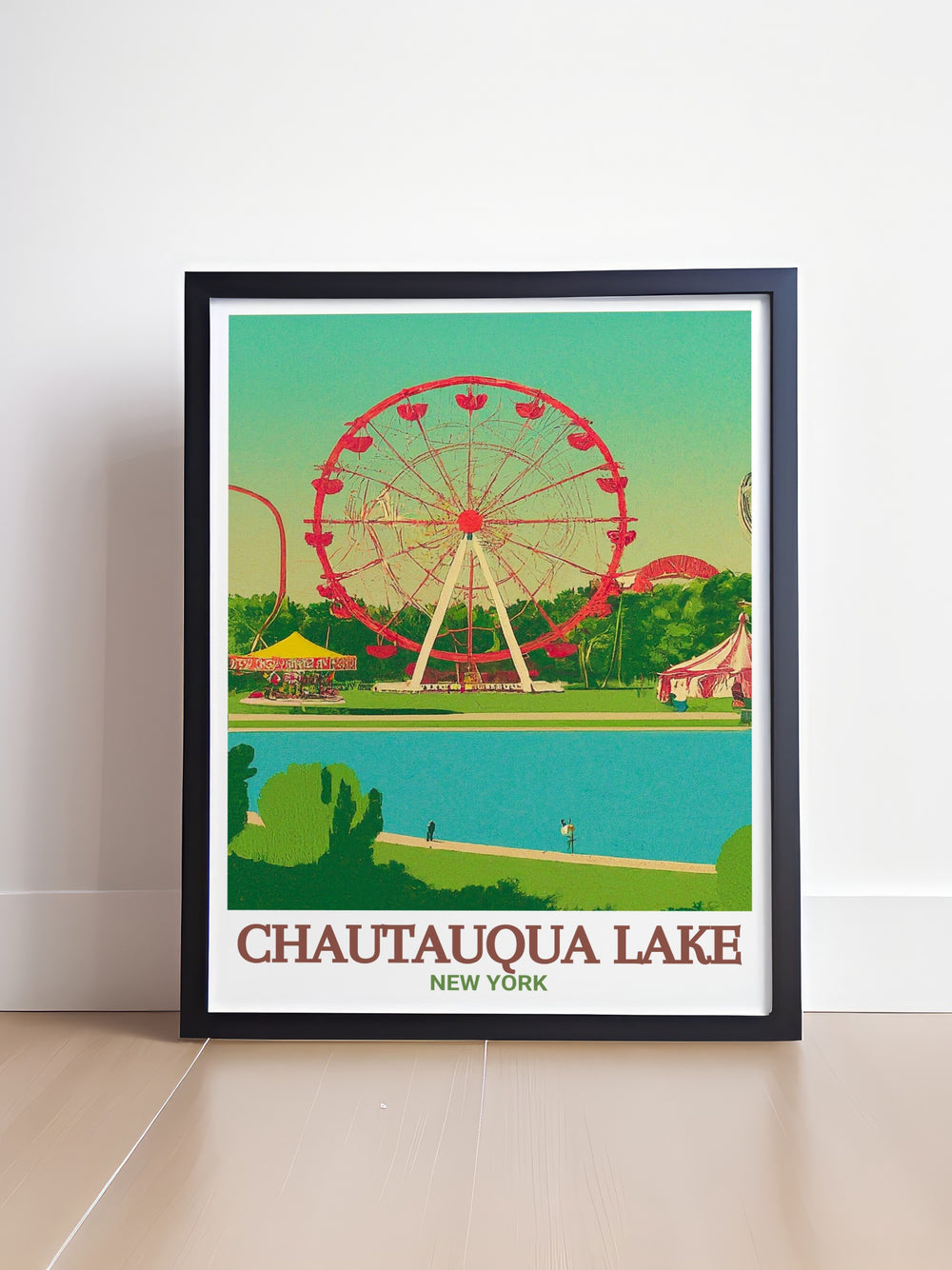 Explore the serene beauty of Chautauqua Lake with this vibrant art print, capturing the tranquil waters and lush surroundings of New York States hidden gem. Perfect for adding a touch of nature to any room.